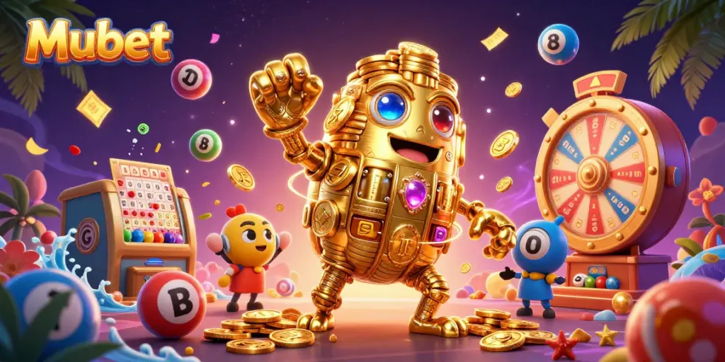 Mubet interactive gaming scene showcasing a golden golem amidst dynamic casino elements and vibrant visuals.