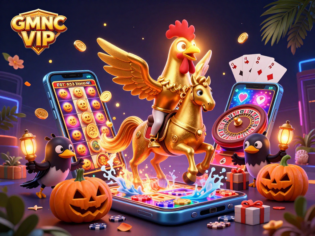 Experience thrilling wins with GMNC VIP in a vibrant casino scene full of slot games and golden rewards.
