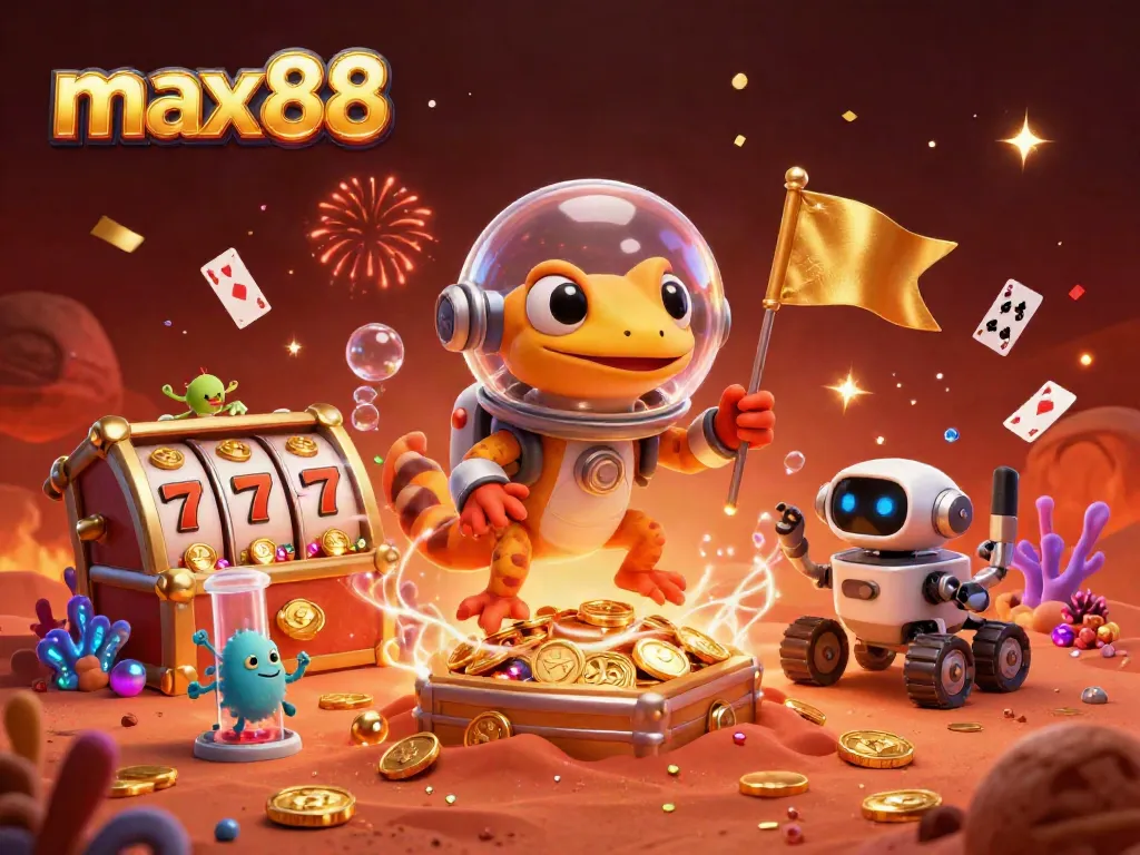 Experience max88 as a vibrant Martian gecko discovers a golden casino, surrounded by slot reels and colorful gems.