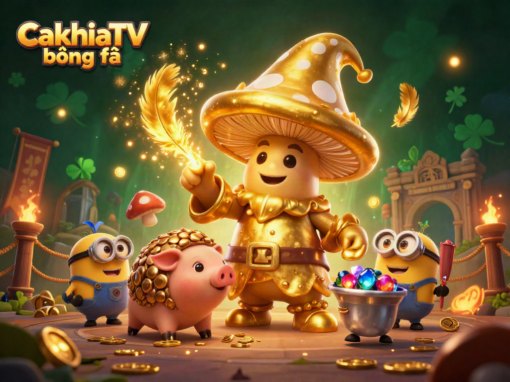 CakhiaTV bóng đá features a magical scene with a golden wizard, a truffle pig, and treasure-hunting minions in a vibrant casino setting.