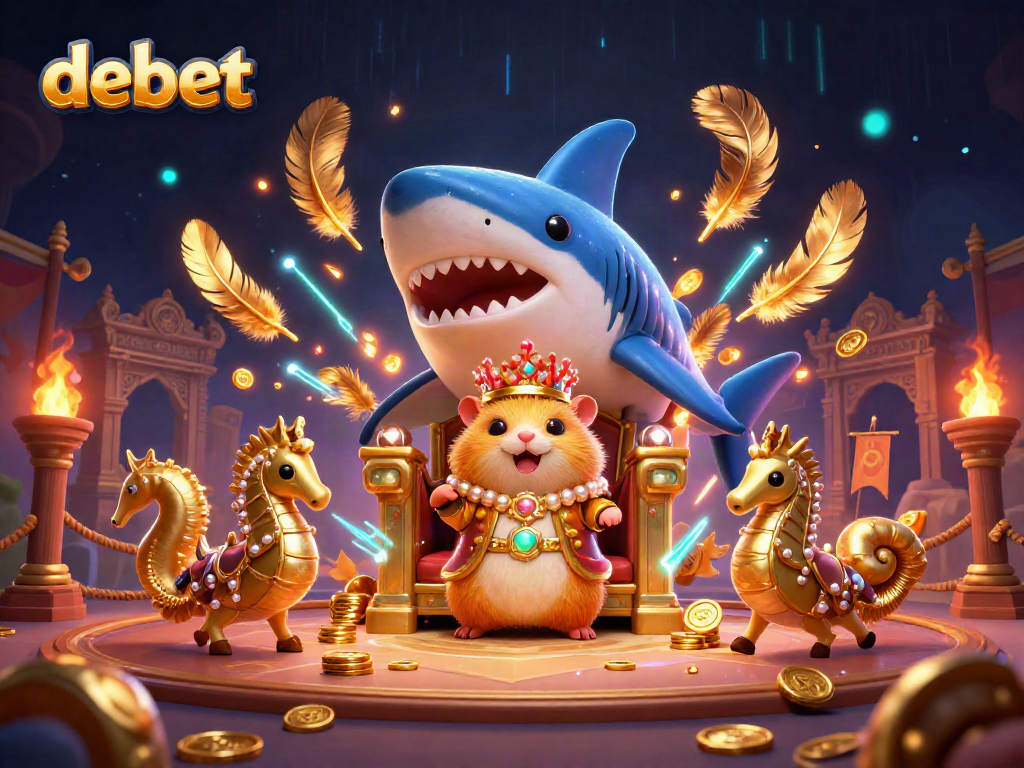 Experience the thrill of betting with debet at this lively gaming arena featuring a golden hamster king and seahorse guards.