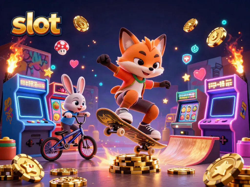 Experience the thrill of slots with a lively fox and rabbit amidst vibrant casino elements.