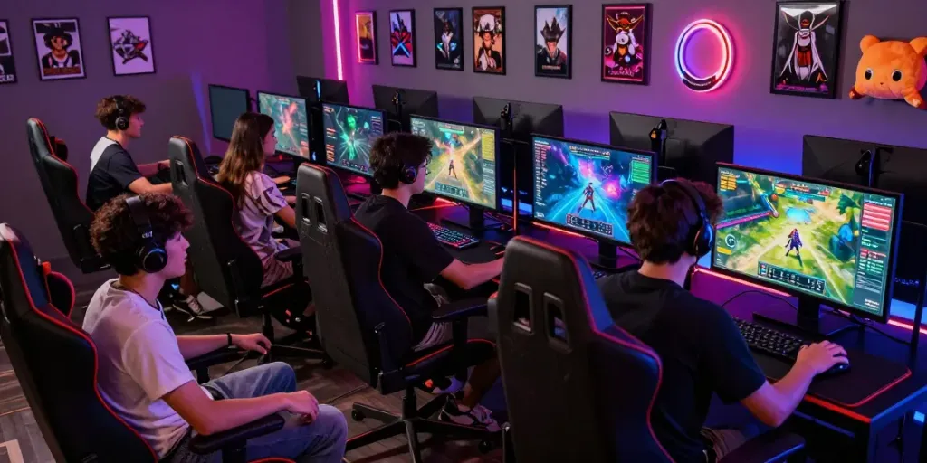 Engaging gaming scene with gamers and vibrant setups highlighting rokok88