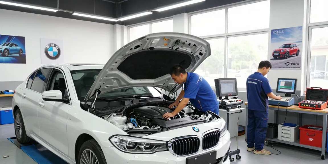 Professionelle Mechaniker beim BMW Steuerkette wechseln in einer Werkstatt.