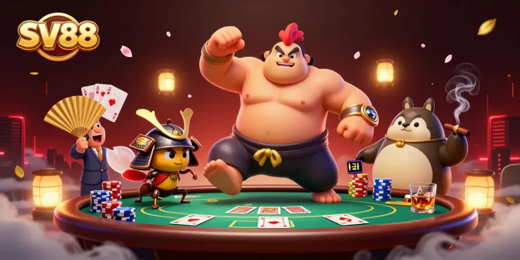 Join the vibrant action at SV88 with a powerful rooster, fierce cricket, and engaging casino elements.