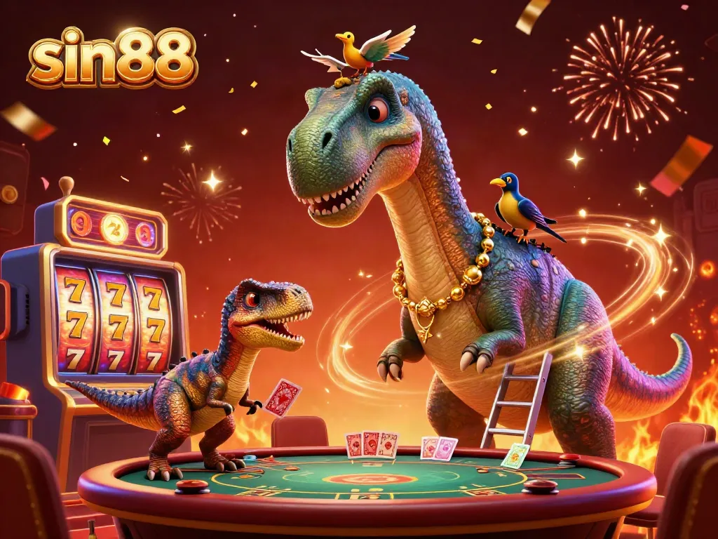 Experience the excitement of sin88 casino with a vibrant 3D scene featuring giant characters and slot games.