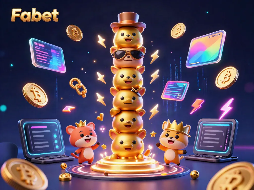 Engaging Fabet casino illustration featuring a totem pole with animated expressions and dynamic crypto elements.