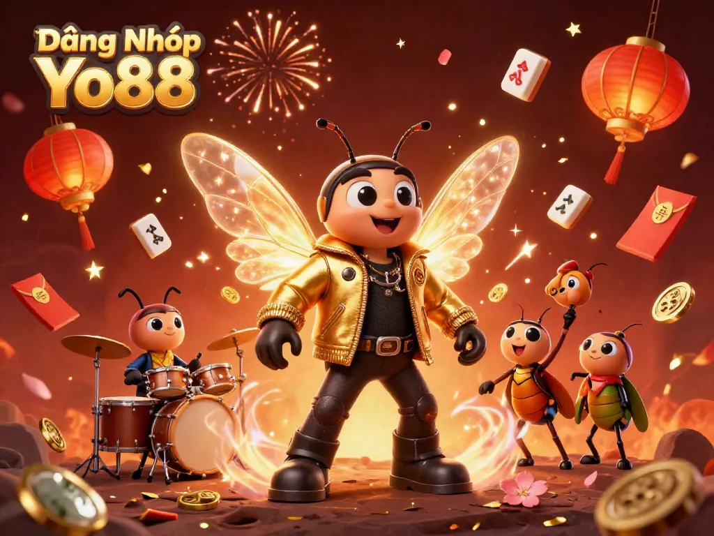 Experience seamless Đăng Nhập Yo88 with a vibrant 3D scene of game elements celebrating online gaming.
