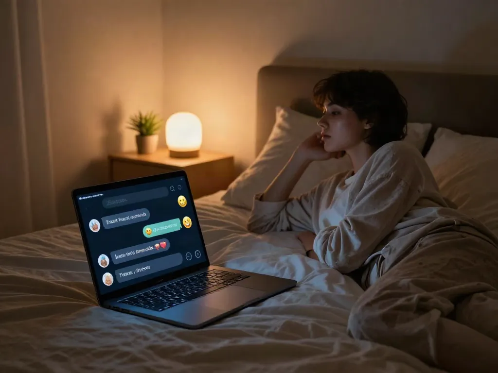 Engaging in a fun porn chat with an AI chatbot in a cozy bedroom.