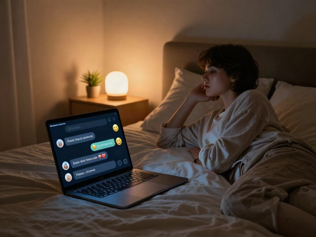 Engaging in a fun porn chat with an AI chatbot in a cozy bedroom.
