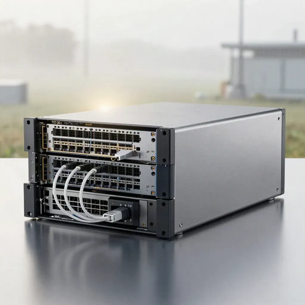 Offene Rack-Servereinheit mit SSD-Tray, Patchkabeln und Cache-Modul im kühlen Morgenlicht.