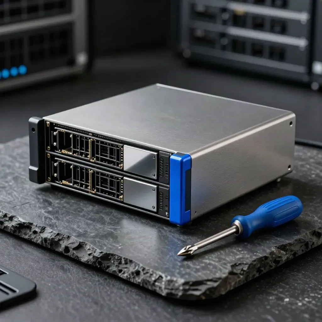Server, SSD-Trays und Schraubendreher auf dunklem Stein, im dramatischen Licht