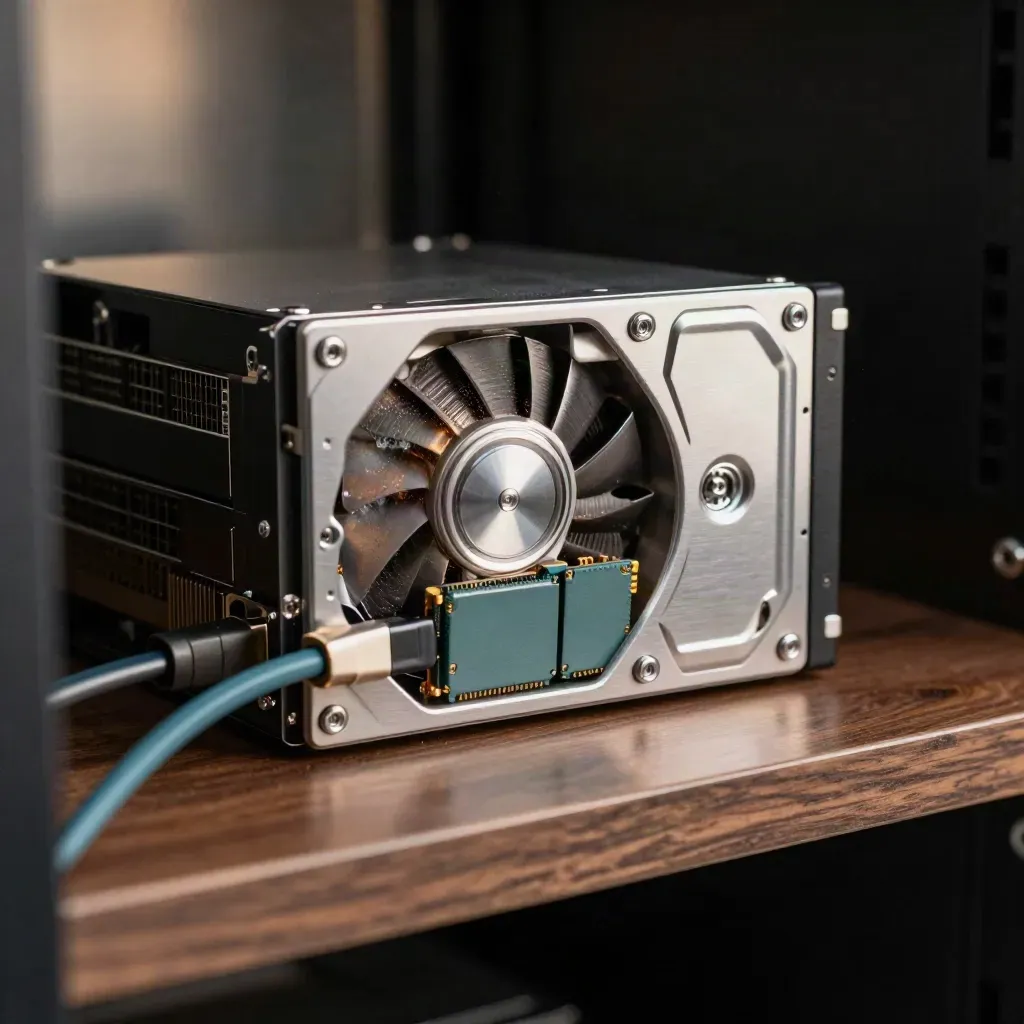 Makro eines offenen Aluminium-NAS mit SSD-Hüllen und geflochtenem Patchkabel auf Walnussholz.