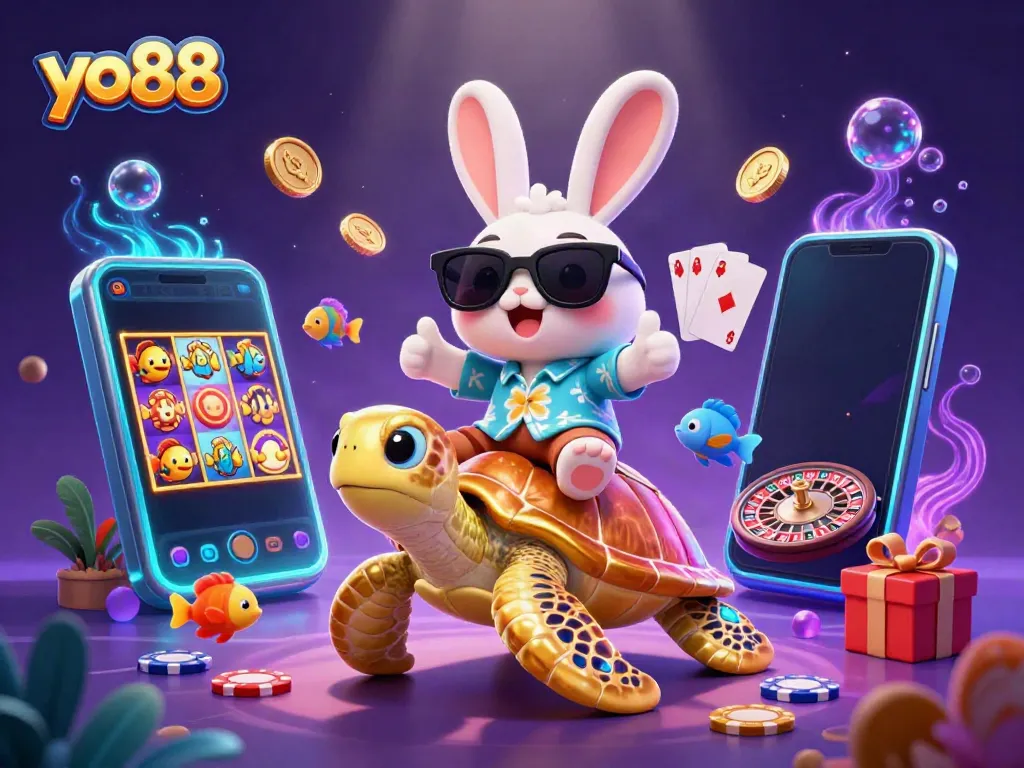 Engage with the vibrant world of yo88, showcasing a lucky rabbit and golden turtle amidst dynamic slot games and colorful prizes.
