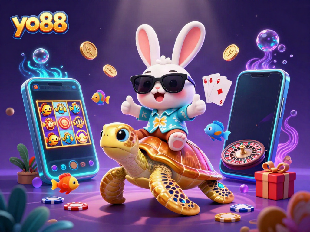 Engage with the vibrant world of yo88, showcasing a lucky rabbit and golden turtle amidst dynamic slot games and colorful prizes.