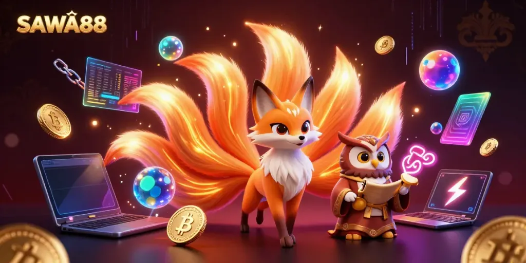 SAWA888 showcases dynamic characters celebrating in a vibrant casino atmosphere filled with crypto elements.