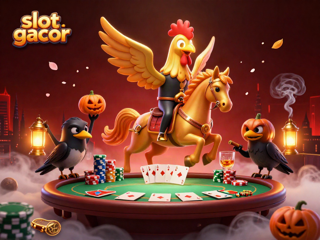 Experience jackpot excitement with "slot gacor" represented by golden rooster and spectral horse in a casino.