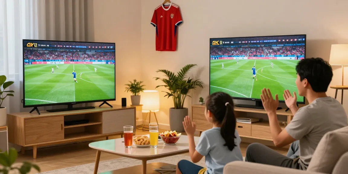 Family enjoying live football streaming on IPTV deutch in a cozy living room.