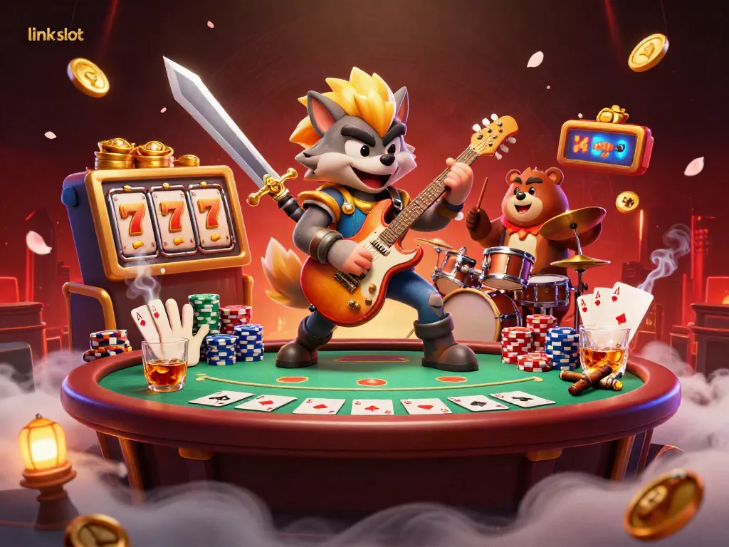 Experience the excitement of link slot in this vibrant 3D casino illustration featuring animated characters and game elements.