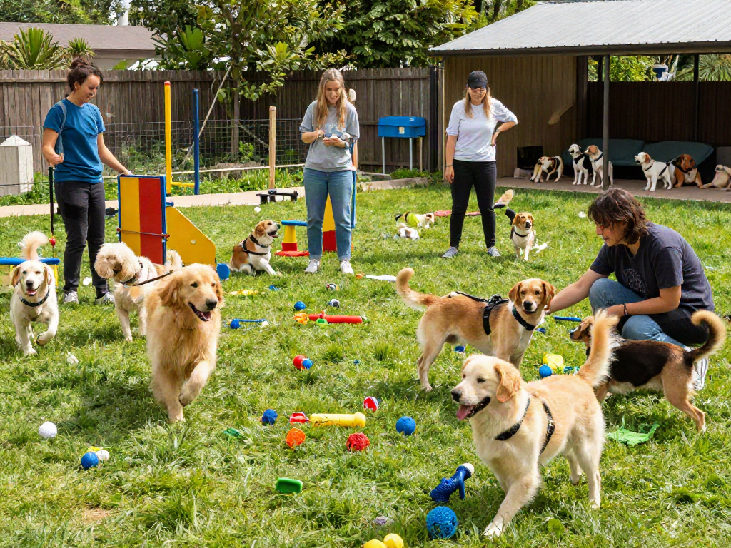 Dogs playing at dog daycare with trainers, showcasing depo 10k benefits for pet care.