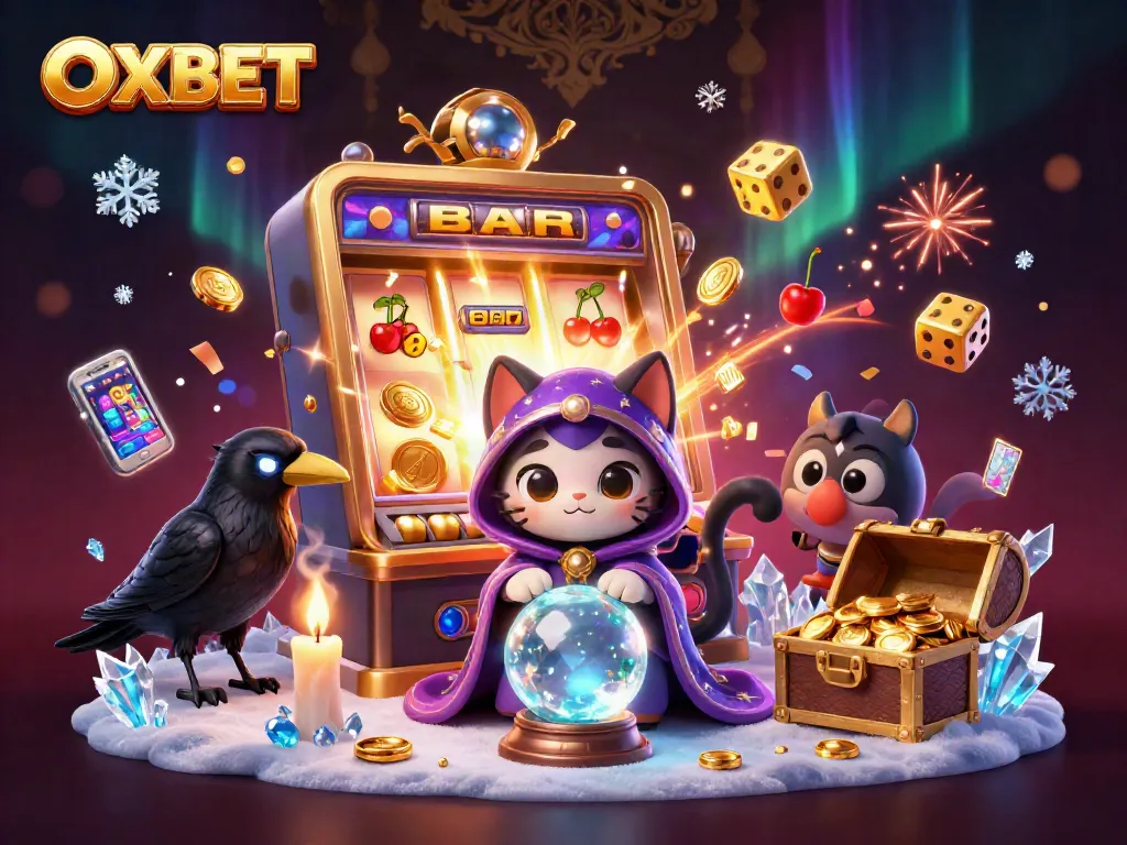 Experience thrilling gameplay at OXBET with a mystic cat, glowing raven, and luscious casino elements.