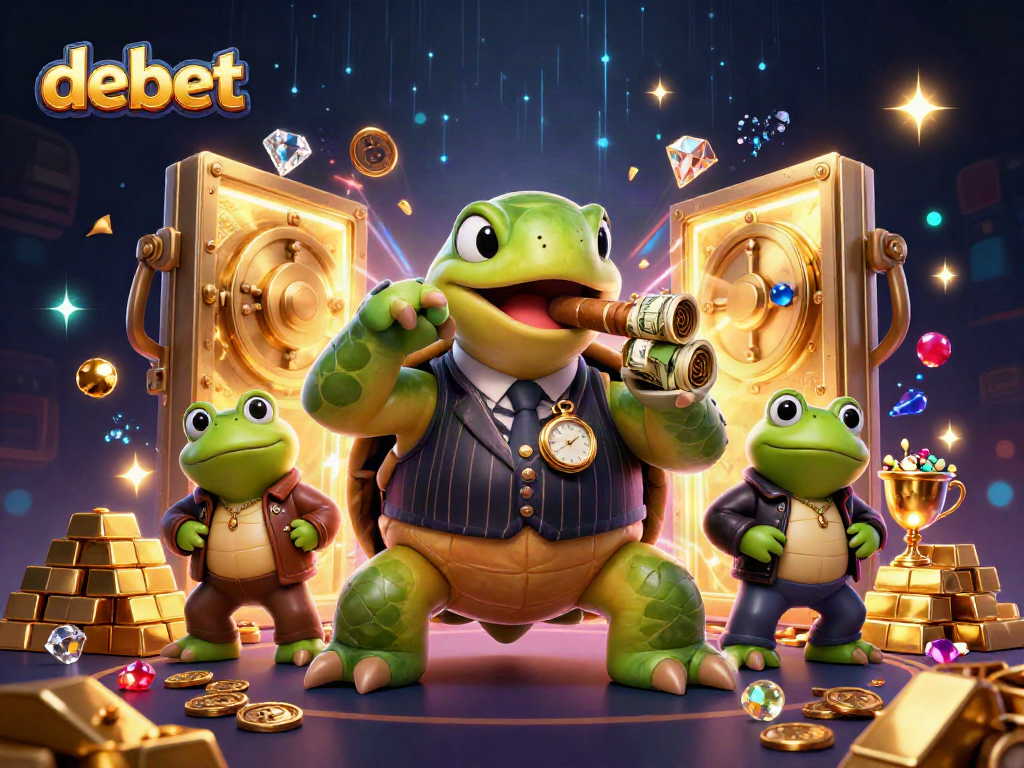 Experience the excitement of debet casino with a vibrant illustration of a snapping turtle in a mobster suit and bullfrog enforcers.