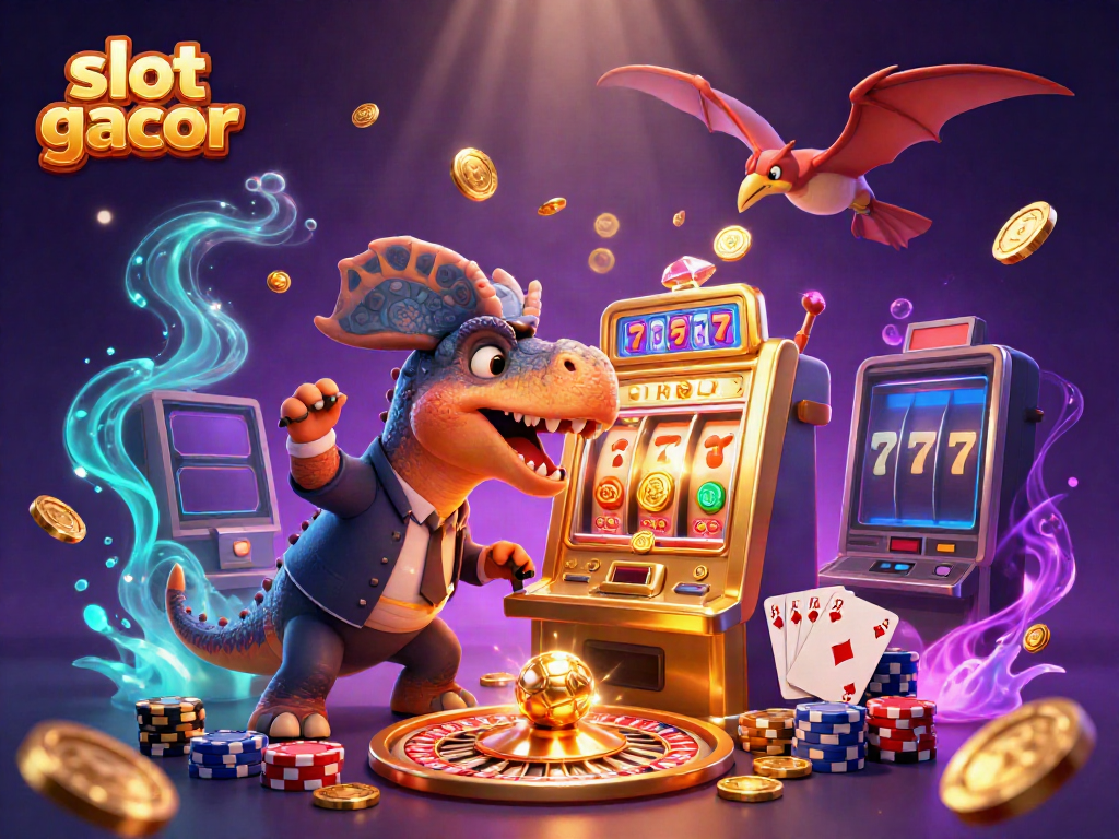 Experience thrilling wins with slot gacor as dinosaur characters animate a golden jackpot scene full of excitement.