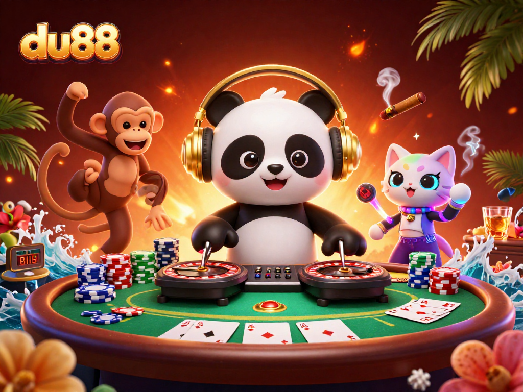 du88 Casino illustrated scene with DJ panda, dancing monkey, and rave kitten amid poker details