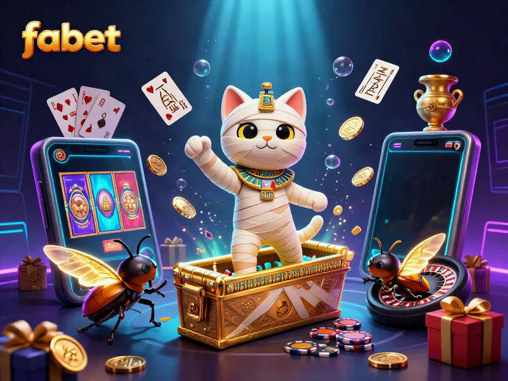 Experience the excitement of fabet with an Egyptian mummy cat and a scarab beetle in a vibrant casino.