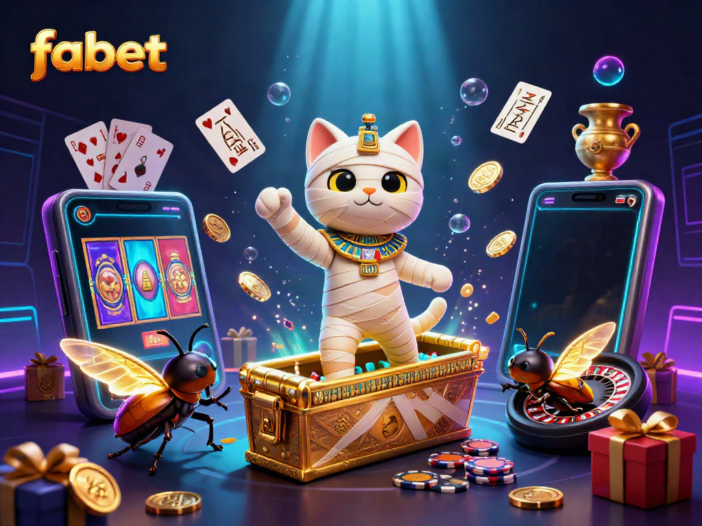 Experience the excitement of fabet with an Egyptian mummy cat and a scarab beetle in a vibrant casino.