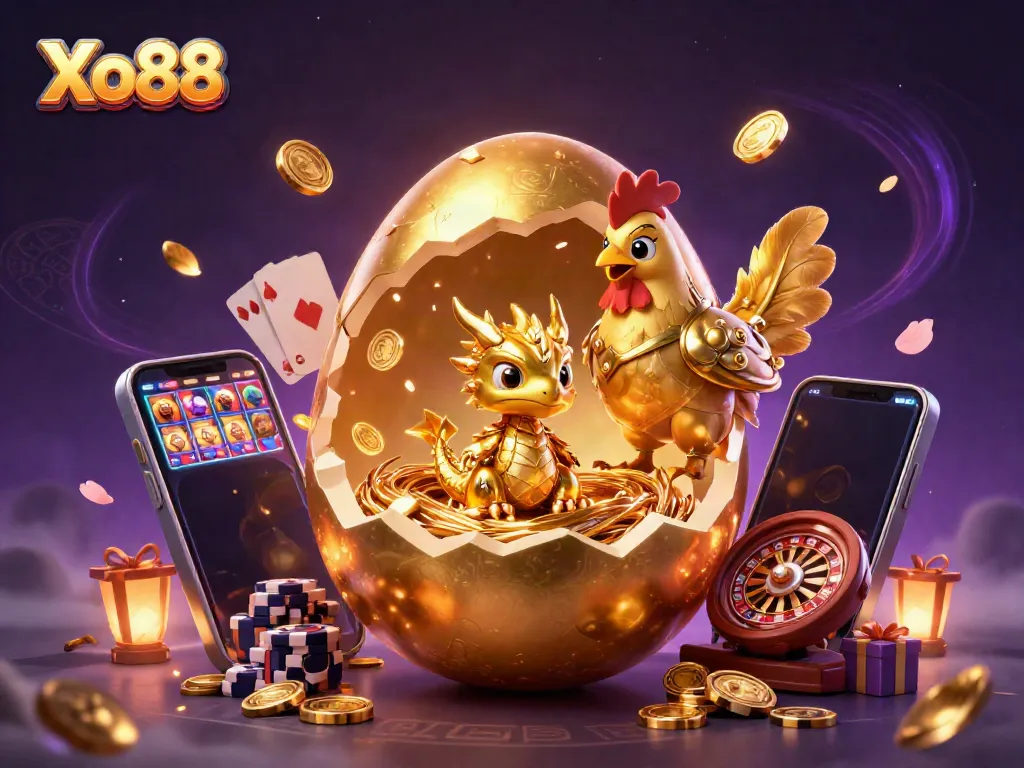 Xo88 players engaging with a winning strategy illustrated by golden dragon, poker chips, and slot games