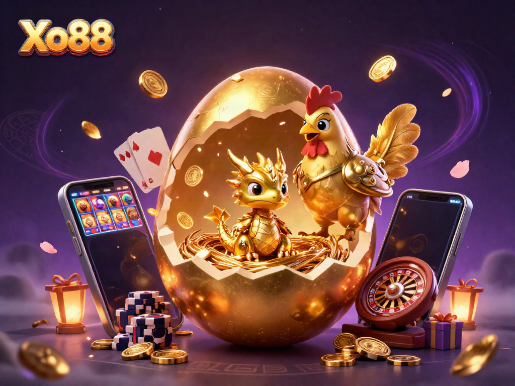 Xo88 players engaging with a winning strategy illustrated by golden dragon, poker chips, and slot games