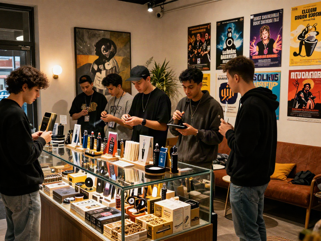 Group enjoying rokok88 products in a stylish smoke shop atmosphere.