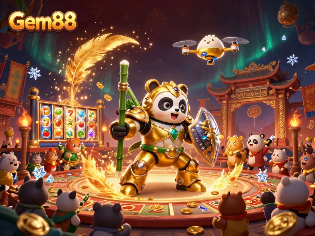 Experience thrilling gameplay with Gem88 in an action-packed gambling arena featuring cartoon pandas and slot machines.