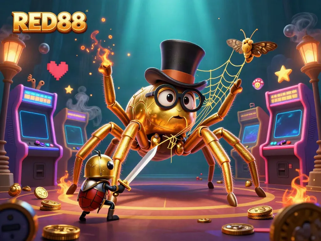 Experience exciting adventures at RED88 with a golden tarantula and beetle knight in this vibrant casino scene.