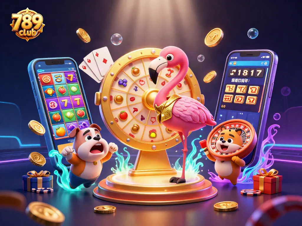 Immerse in the excitement of 789club with a game show scene featuring a flamingo host, a bulldog contestant, and prizes galore.