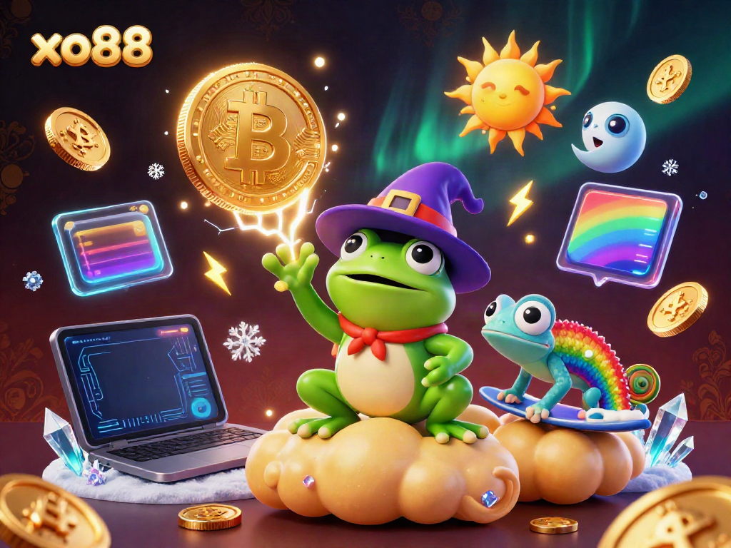 Experience the thrill of xo88 with a vibrant, dynamic 3D illustration featuring a wizard frog amid golden coins and crypto elements.