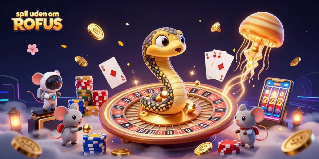 Engage with spil uden om ROFUS in a vibrant cosmic casino scene featuring thrilling betting action.