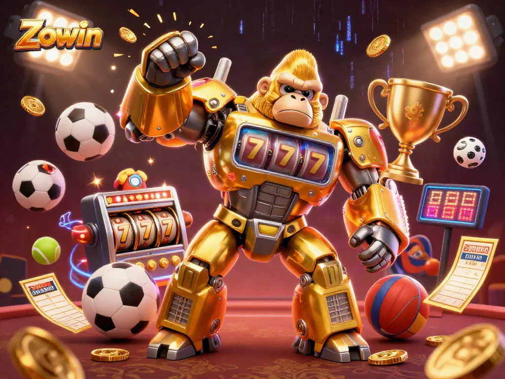 Zowin empowers players with thrilling gaming experiences through a vibrant scene showcasing a golden gorilla mech.