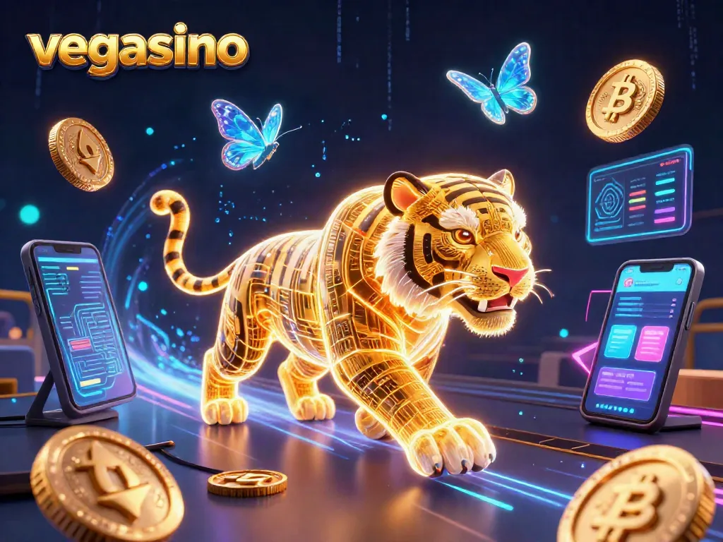 Engage with the dynamic vegasino crypto casino experience featuring a golden tiger and digital energy.