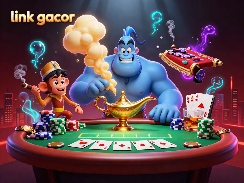 Experience link gacor excitement with a vibrant 3D illustration featuring a genie, monkey, and poker chips.