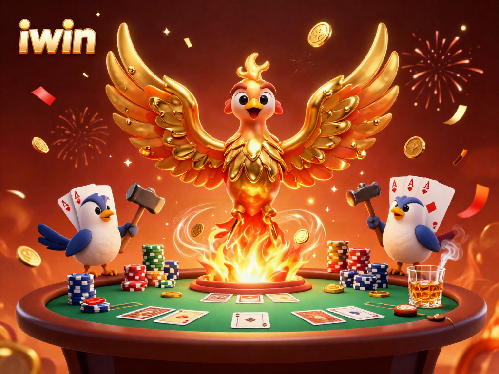 iwin mobilizes a golden phoenix amidst poker excitement at a vibrant casino.