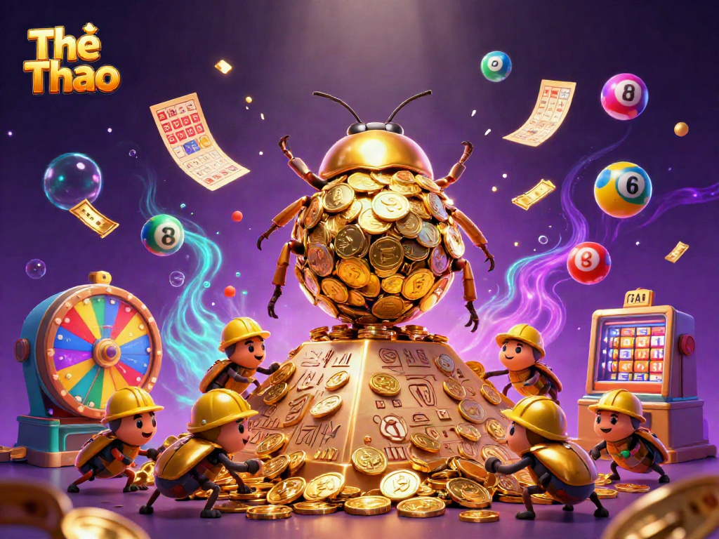 Engaging scene showcasing Thể Thao with a golden dung beetle rolling coins, enhanced by vibrant gaming elements.