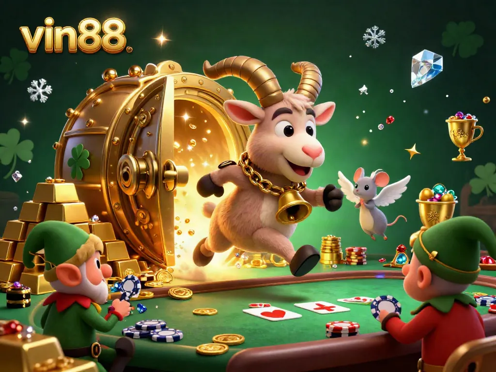 Engage in thrilling gameplay at vin88's festive casino, alive with animated characters and sparkling treasures.