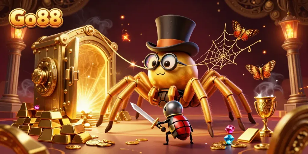 Experience the thrill of Go 88 with a golden tarantula and beetle knight surrounded by treasure.