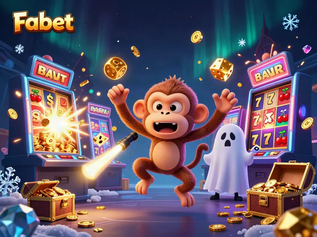 Experience thrilling bets with Fabet's lively casino scene, showcasing a ghost-hunter puppy chasing a mischievous poltergeist monkey.