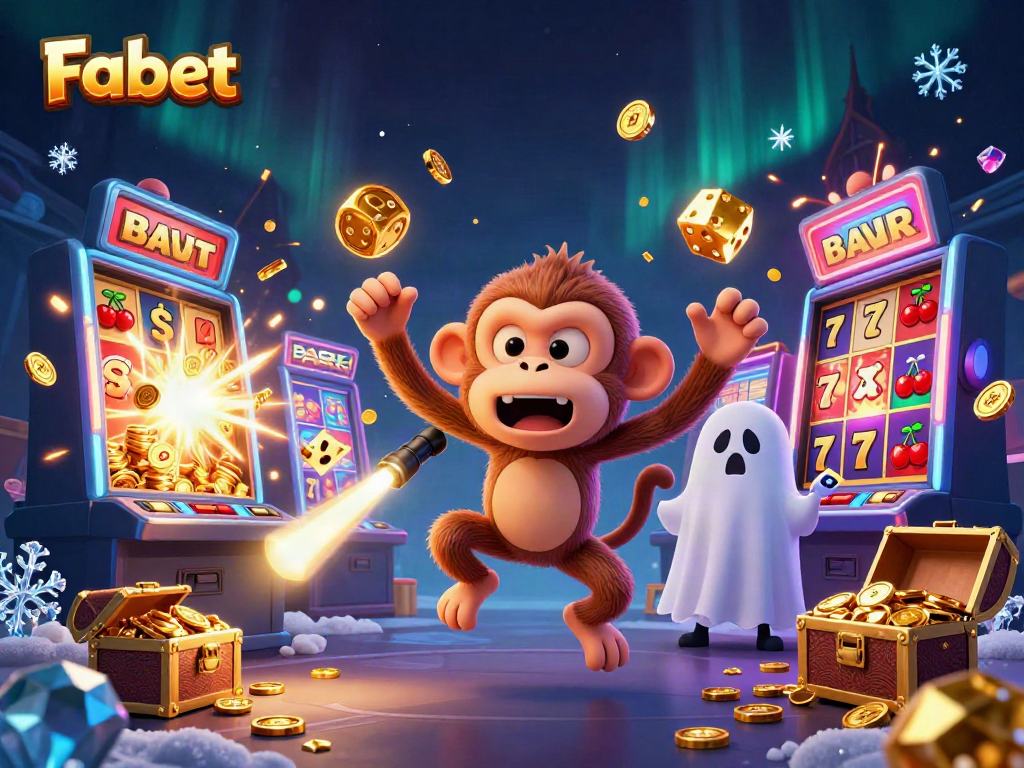 Experience thrilling bets with Fabet's lively casino scene, showcasing a ghost-hunter puppy chasing a mischievous poltergeist monkey.