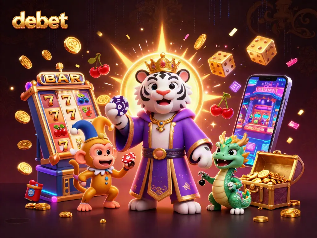 Engage with debet's dynamic slot machines and thrilling casino fun in a vibrant 3D illustration.