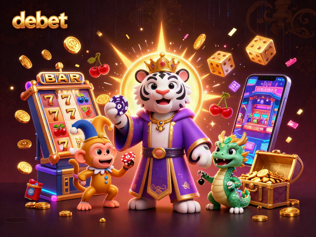 Engage with debet's dynamic slot machines and thrilling casino fun in a vibrant 3D illustration.
