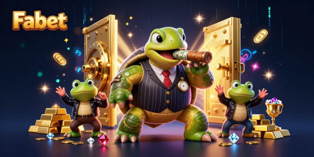 Experience excitement at Fabet with a dynamic 3D casino scene featuring a snapping turtle and bullfrog enforcers.